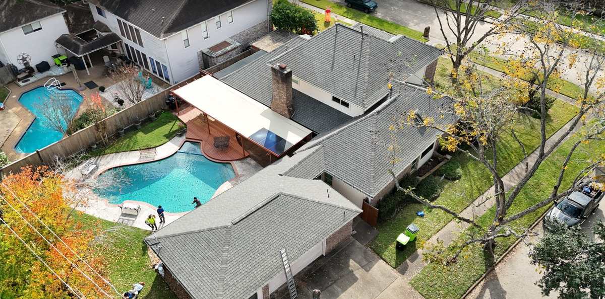 Aerial view roofing job Houston TX