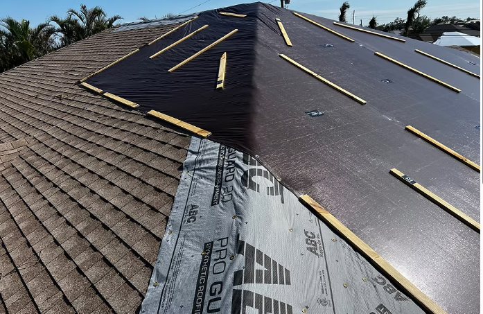 Active roof replacement underlayment exposed storm repair