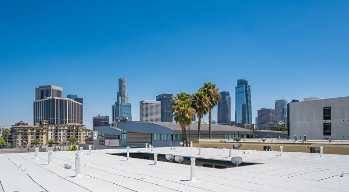 White flat roof city skyline commercial building