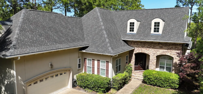 Stone brick house charcoal shingles