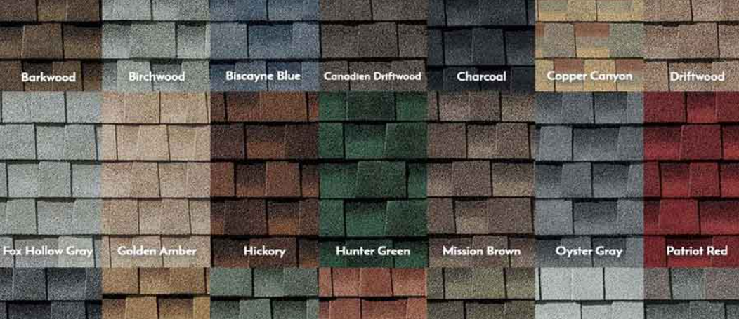 Asphalt shingle color options grid
